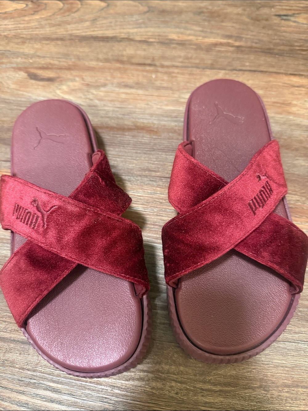 Puma Women's Burgundy Velvet Cross-Strap Slide Sandals